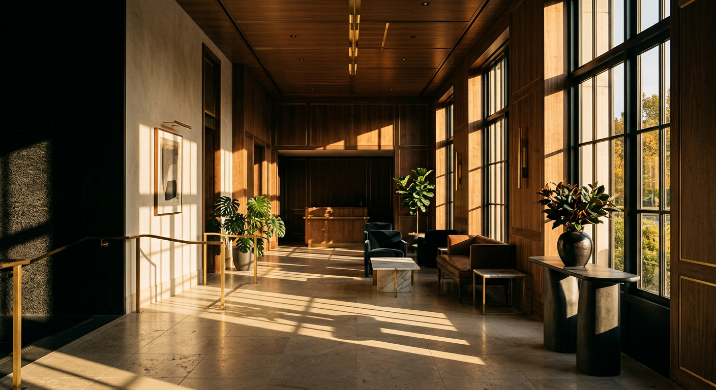Hotel lobby in late afternoon light, stone floors and walnut paneling