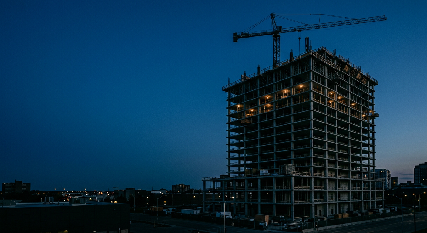 Hospitality tower under construction at dusk, tower crane against the sky and work lights on the upper floors
